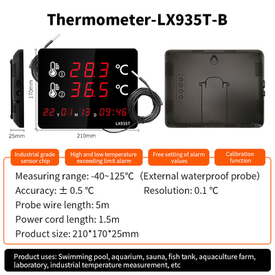 Professional Digital Thermometer LX935T with Dual External Probes Large LED Screen  for Pool Sauna Aquarium Home Industrial Use