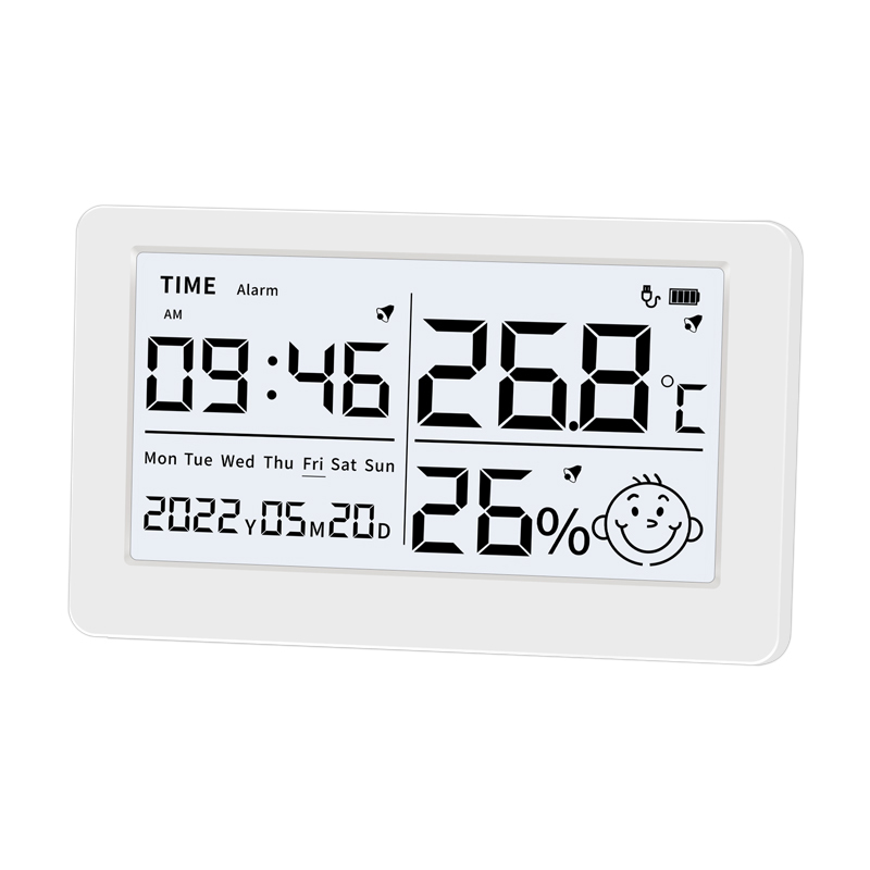 Digital Room Thermometer With Clock Humidity Meter Built-in Battery, Plastic Home Thermometer USB Charging Humidity Thermometer